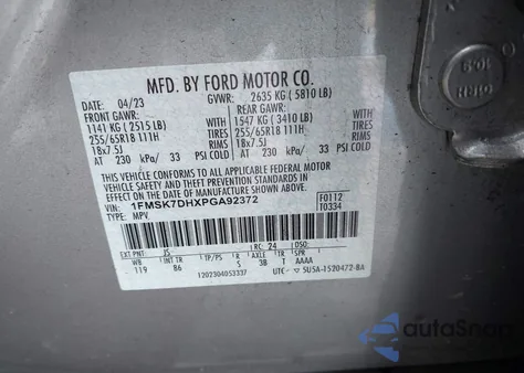 2023 Ford Explorer Xlt из США, поврежденный, VIN 1FMSK7DHXPGA92372